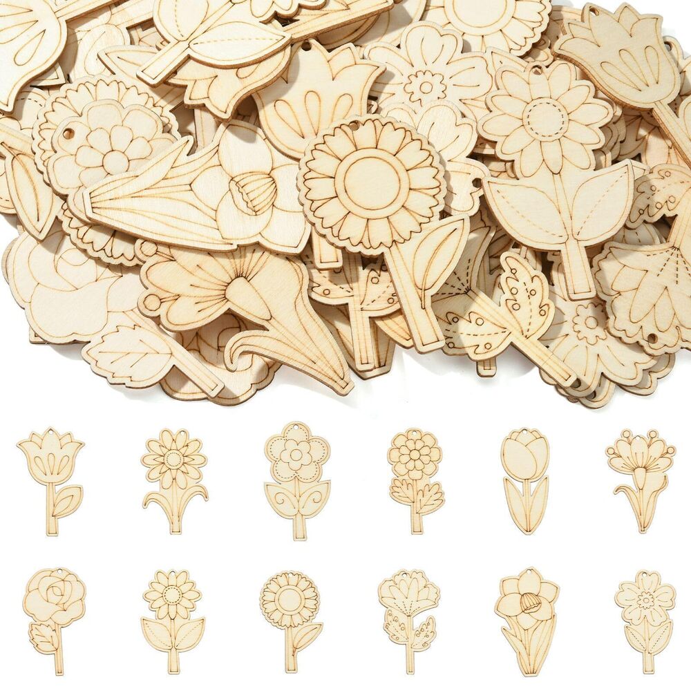 3511 48 pcs Mixed Styles Flower Undyed Wood Cutout Charms Spring Floral